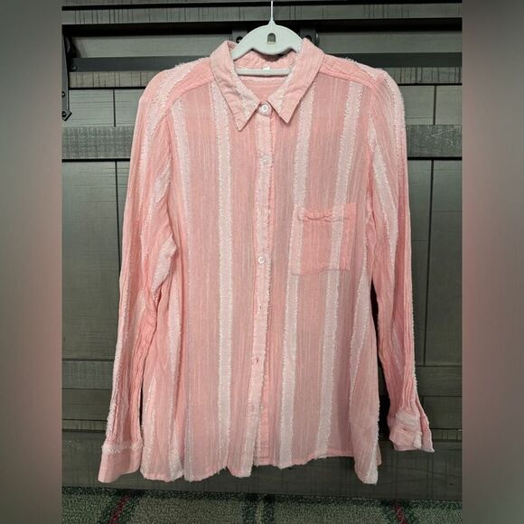 En Créme pale pink long sleeve button down shirt w grograin ribbon detail M - Picture 1 of 9